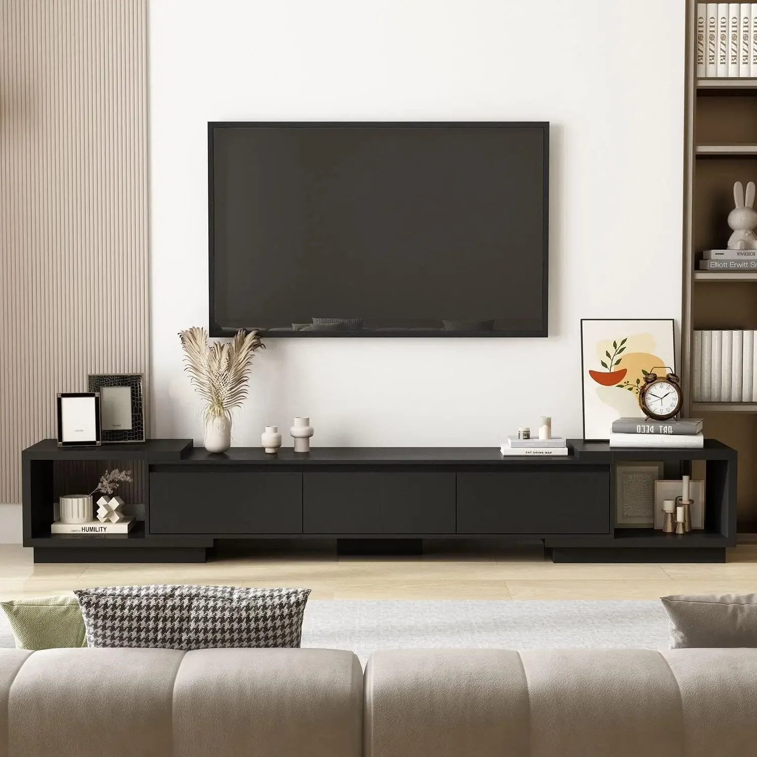 Extendable TV Console Table Modern TV Cabinet with Drawers, Contemporary Media Storage Console Table for Living Room