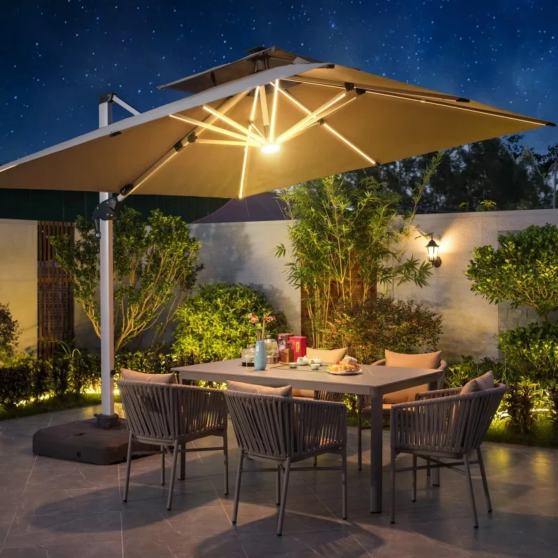 ร่มกันแดดกลางแจ้งแบบคานยื่น ขนาด 3.0 ม. x 3.0 ม. พร้อมไฟ LED และผ้าคลุม - ฐานหินอ่อน/ฐานถังน้ำ