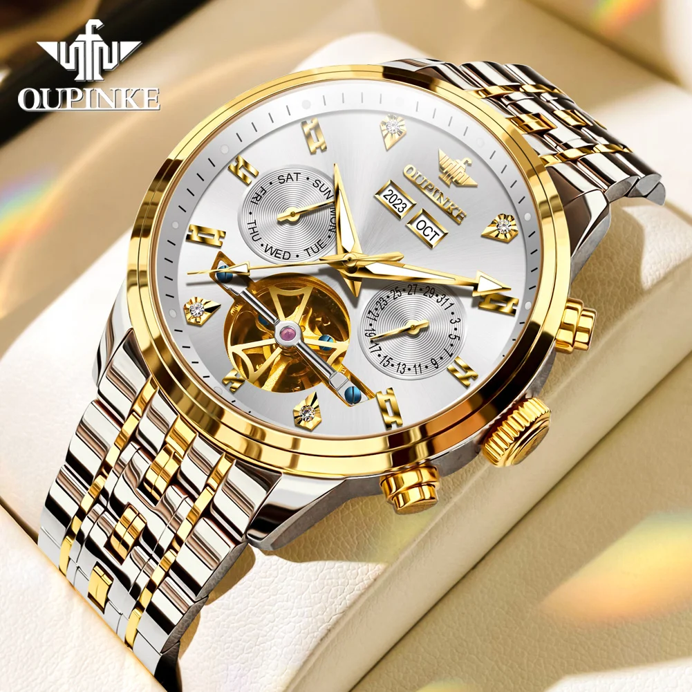 

OUPINKE New Automatic Mechanical Watch for Men Luxury Top Brand 42mm Dial Skeleton Men's Wristwatch Chronograph Auto Date Clock