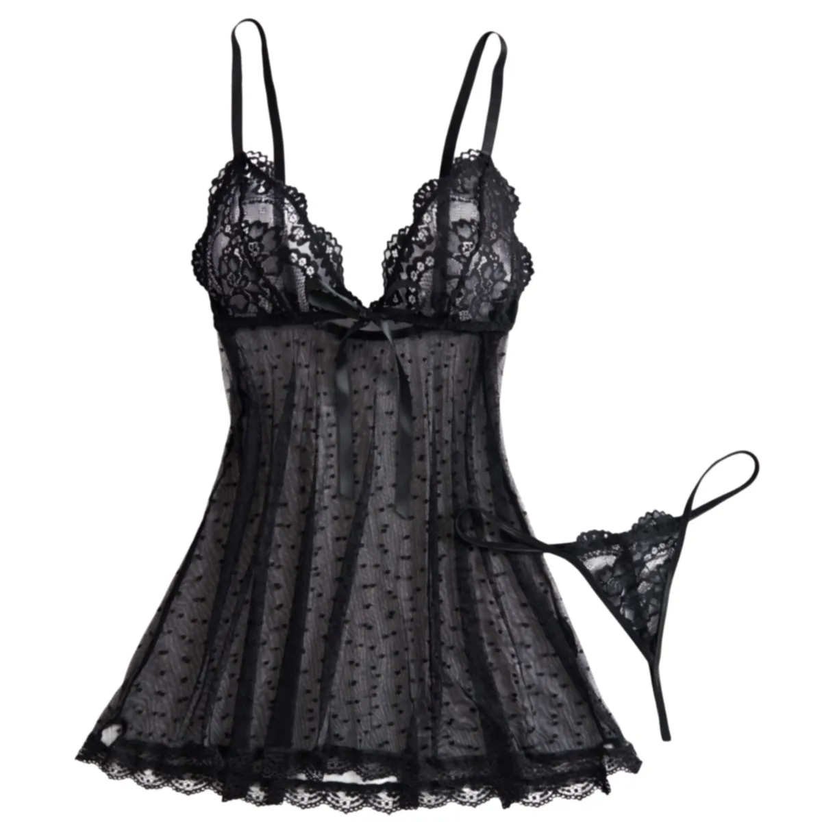 Black Lingerie Sexy Lace Polka Dot Seduction Nightgown XS-XL Hot And Transparent Thong Sleepwear No Take Off Camisole Skirt 2026