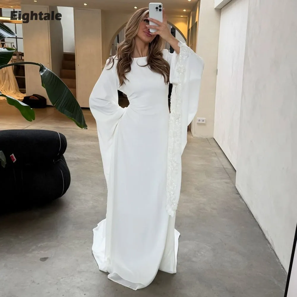 

Eightale Arabic Wedding Dress O-Neck Customized Ivory Satin 3D Lace Long Sleeves Bridal Gown Mermaid Bride Party Dress