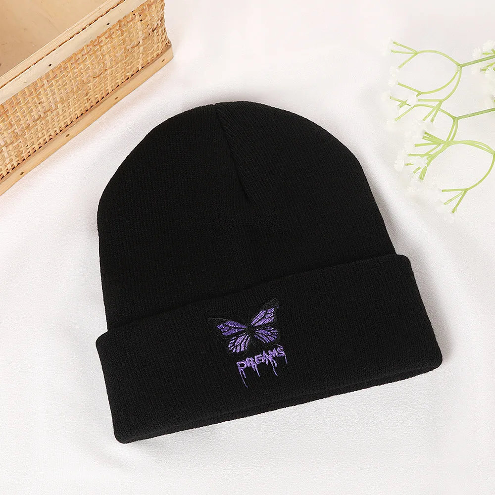 Stylish butterfly embroidered knitted hat Alphabet multicolor premium embroidered hat knitted winter warm woolen hat