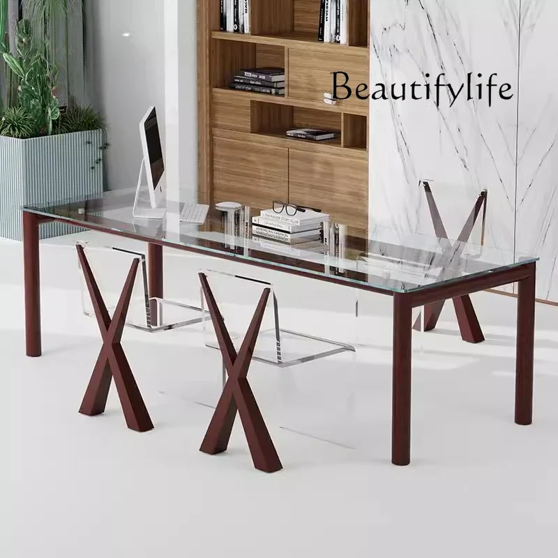 X35 Italian Light Luxury Villa Extended Glass Desk Modern Minimalist Art Large Flat Dining Table And Chairs