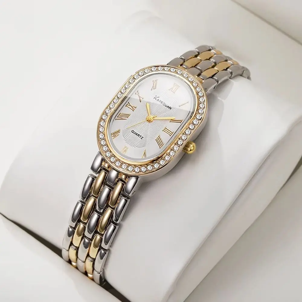 Oval Dial Women's Quartz Watch Minimalist Rhinestone Encrusted Vintage Female Clock Adjustable Elegant Ladies Wristwatch