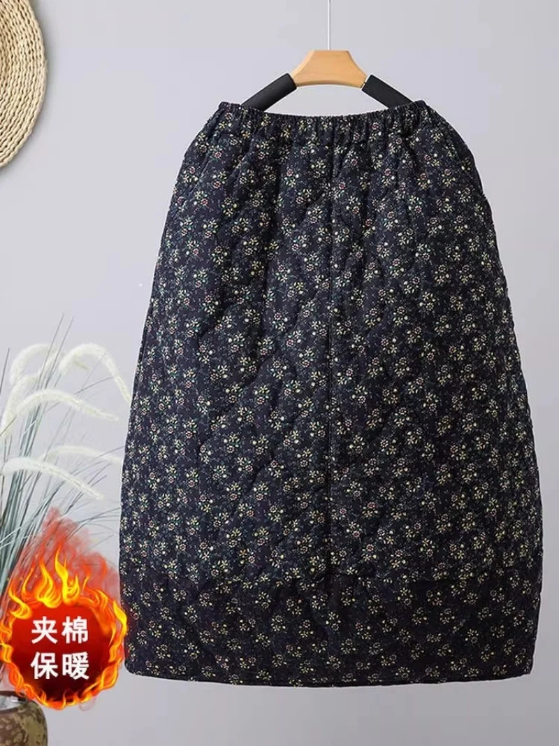 Retro floral acolchoado algodão grosso saia quente roupas femininas de grandes dimensões cintura elástica meados longo estilo a linha saia de inverno w773