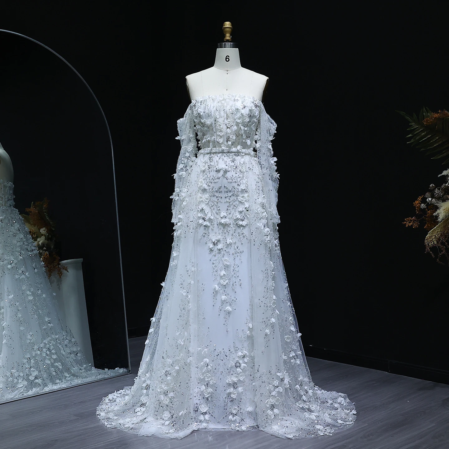 샤론 사이드 우아한 3D 꽃 두바이 이브닝 원피스, 오버 스커트 라일락 긴 소매 여성 웨딩 파티 가운, SS352 맞춤형