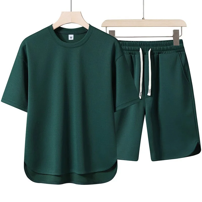 2026 Summer New Men Suit Round Neck Short Sleeve T-shirt+shorts Two Piece Set Loose Outdoor Sports Casual Solid Color Tracksuit