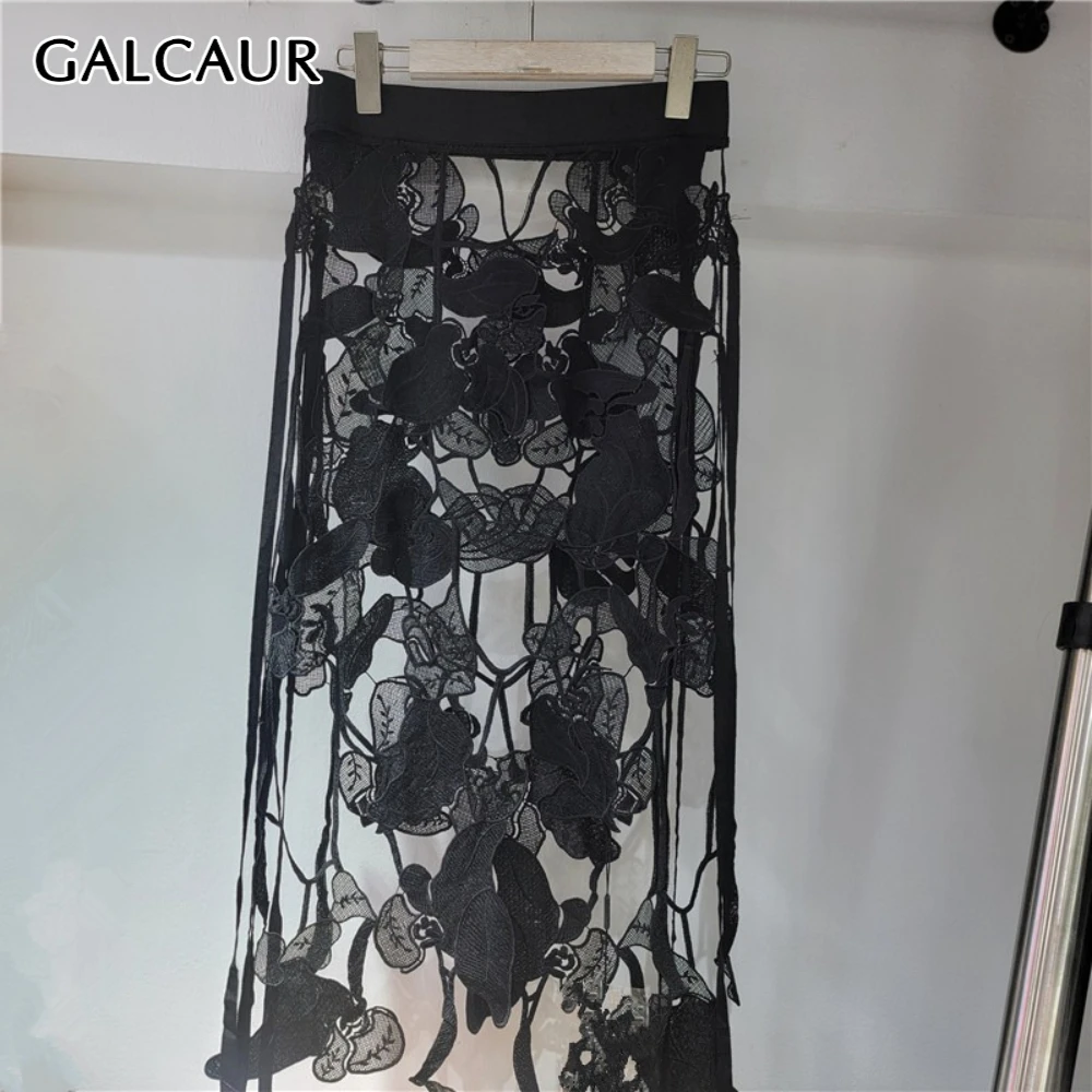 

GALCAUR Black Spliced Embroidery Skirt Female High Waist Patchwork Hollow Out Design Chic Women's Skirts Autumn Fashion Style