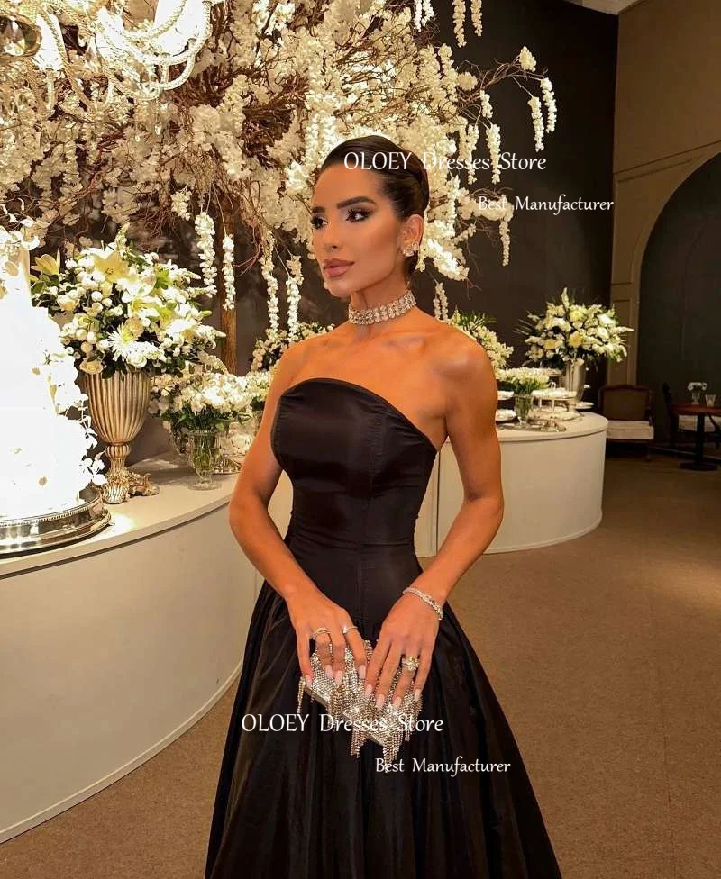 OLOEY Vintange Black Satin Strapless Evening Dresses Pleated A Line Asymmetrical Party Dress Floor Length Custom Prom Gowns