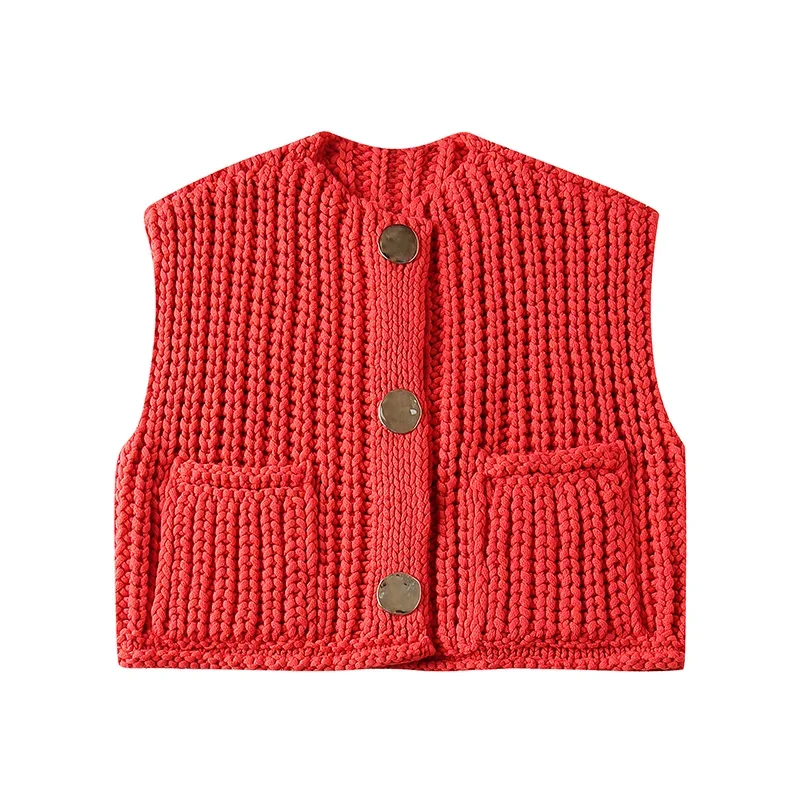 Fashion Solid O-neck Knitted Vest Women 2024 Spring Summer Sleeveless Single Breasted Pockets Vests Female High Street Chic Tops