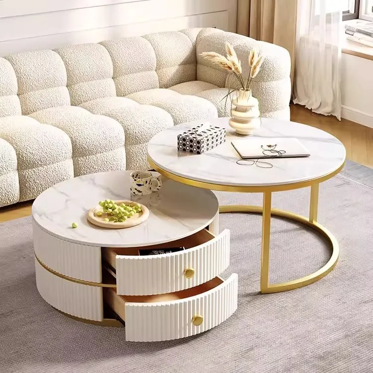 

Coffee table living room household rock slab small apartment light luxury modern round sense combination