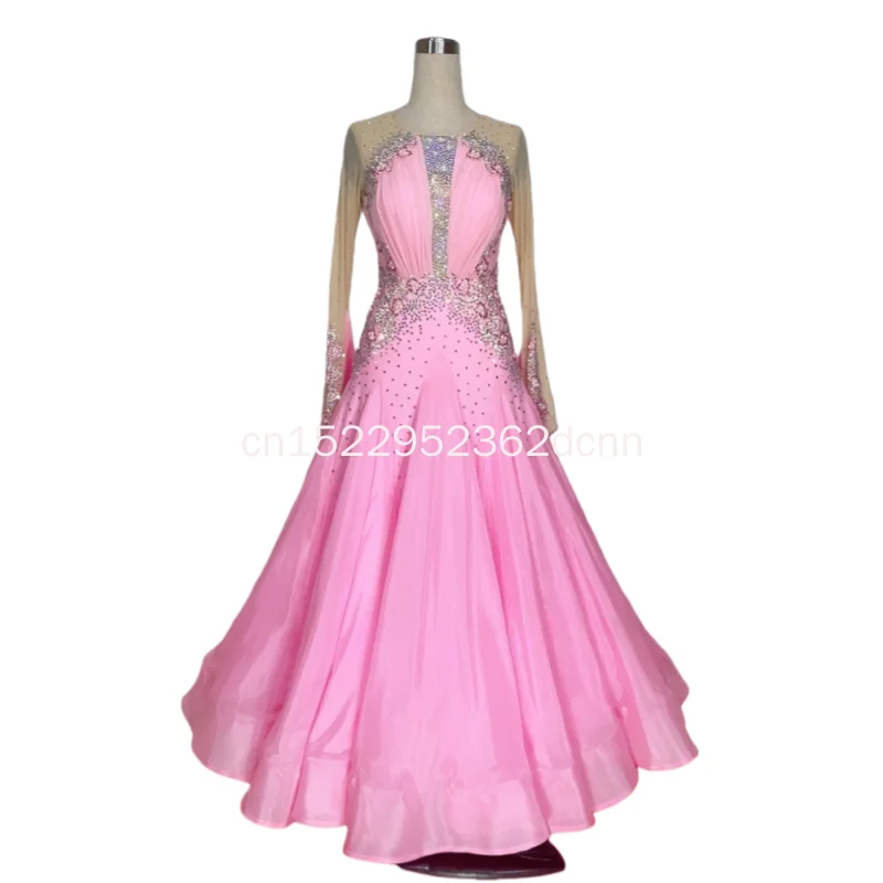 Adult High-necked Long Sleeve Dance Dress Pink & Skin Two-color Splicing AB Stones Detail for Social Competitions Customizable