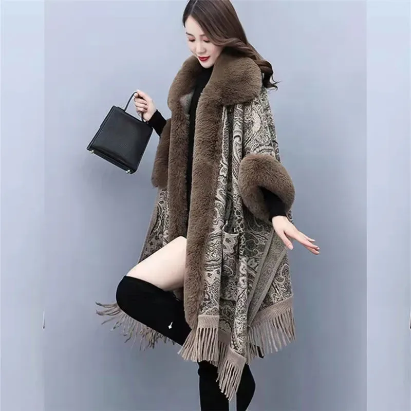 Wool Coat Women Autumn Winter Fur Poncho Capes New Warm Women Cloak Big Fur Color Loose Tassel Capes Ladies Cloak Cardigan Coat