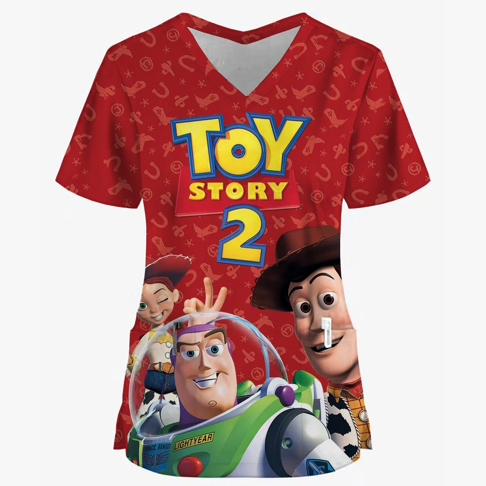 Women Working Uniform Smile Disney Toy Story print Cartoon Short Sleeve V-neck Tops Femme Blouse Nurse work wear Medical Uniform