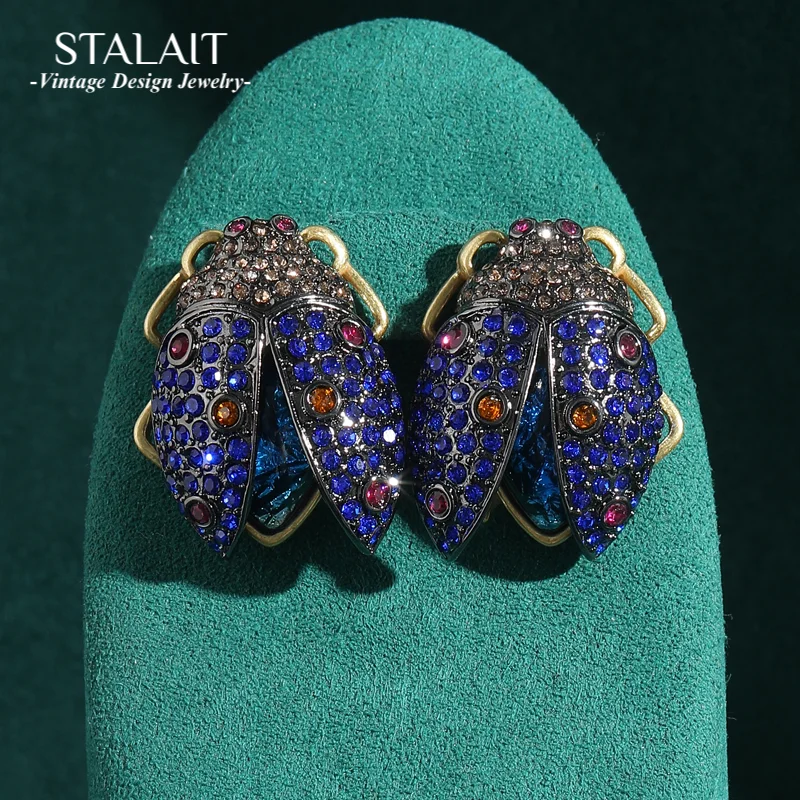 

Vintage Jewellery High Quality Sapphire Blue Earrings Studs Rhinestones Cicada Luxury Designer Aesthetic Accessories For Woman