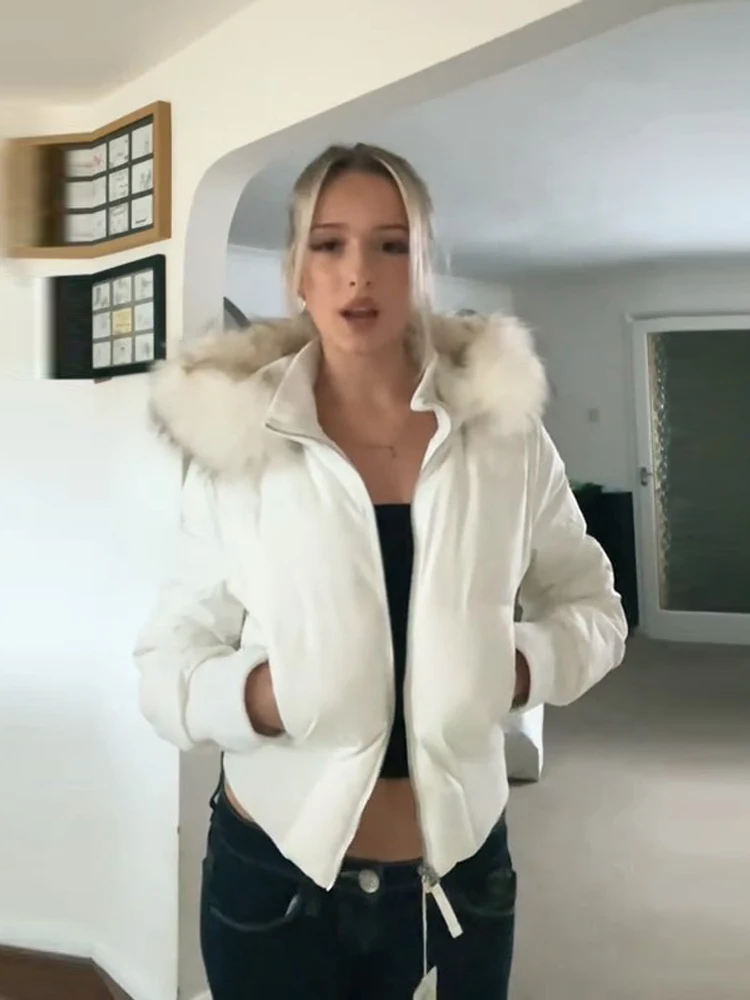 

﻿ Модная однотонная укороченная куртка с карманами, женское стеганое пальто на молнии с длинными рукавами и капюшоном из искусственного меха, новинка 2025, зимняя женская верхняя одежда ﻿