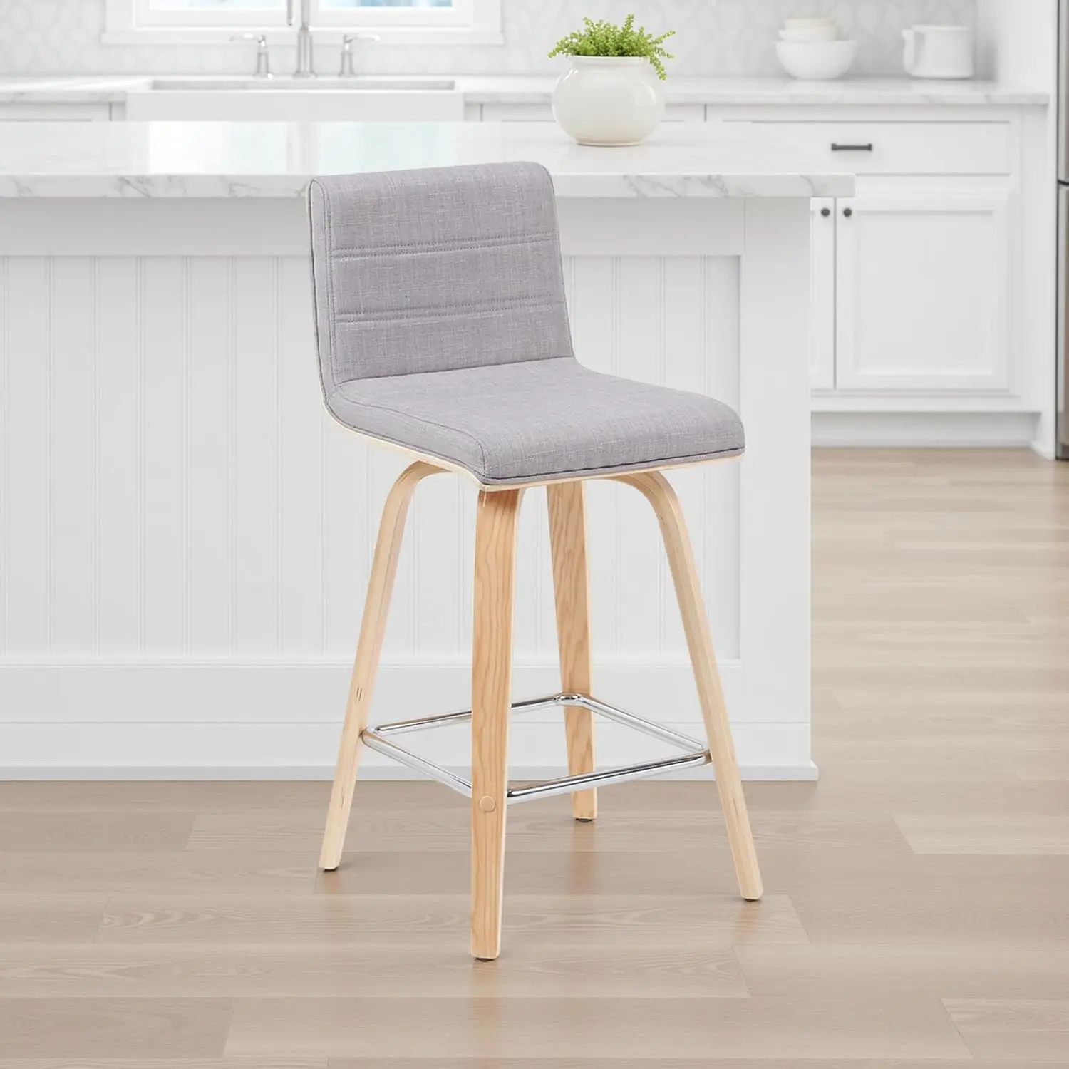 Modern Swivel Bar Stool Grey Upholstered Seat Patterned Oak Wood Frame Counter Height Set of 3, Customized