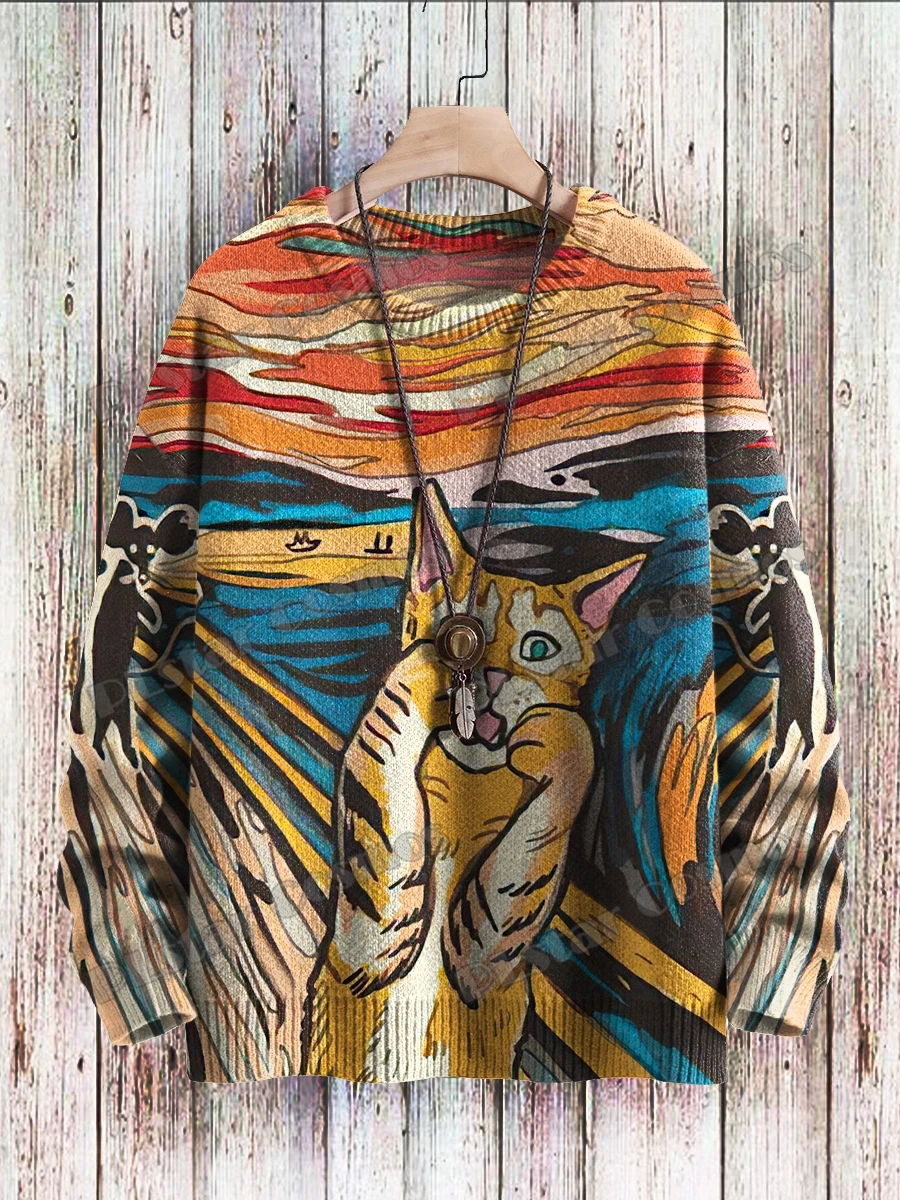 Retro Kitten Eating Pizza & Vintage Cat Art 3D Printed Men's Knitted Pullover Winter Unisex Casual Knit Pullover Sweater ZZM86