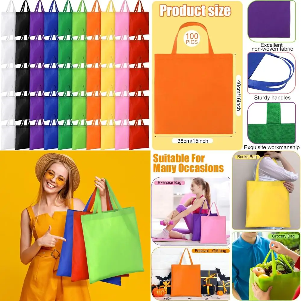 

Многоразовые тканевые сумки для покупок: 100 упаковок холщовых сумок с ручками, 15 x 16 дюймов, объемные тканевые сумки для экологически чистых магазинов