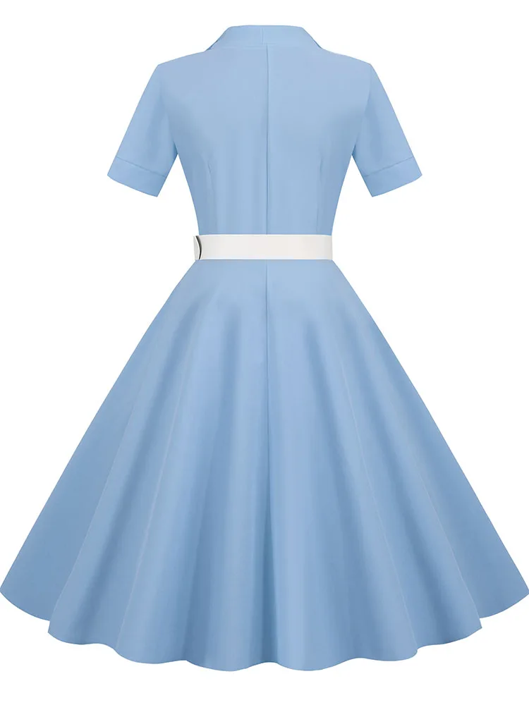 Vintage skręcić w dół kołnierz niebieska letnia sukienka dla kobiet elegancka, z krótkim rękawem solidna biurowa sukienka Midi Sundress-line wysoka talia