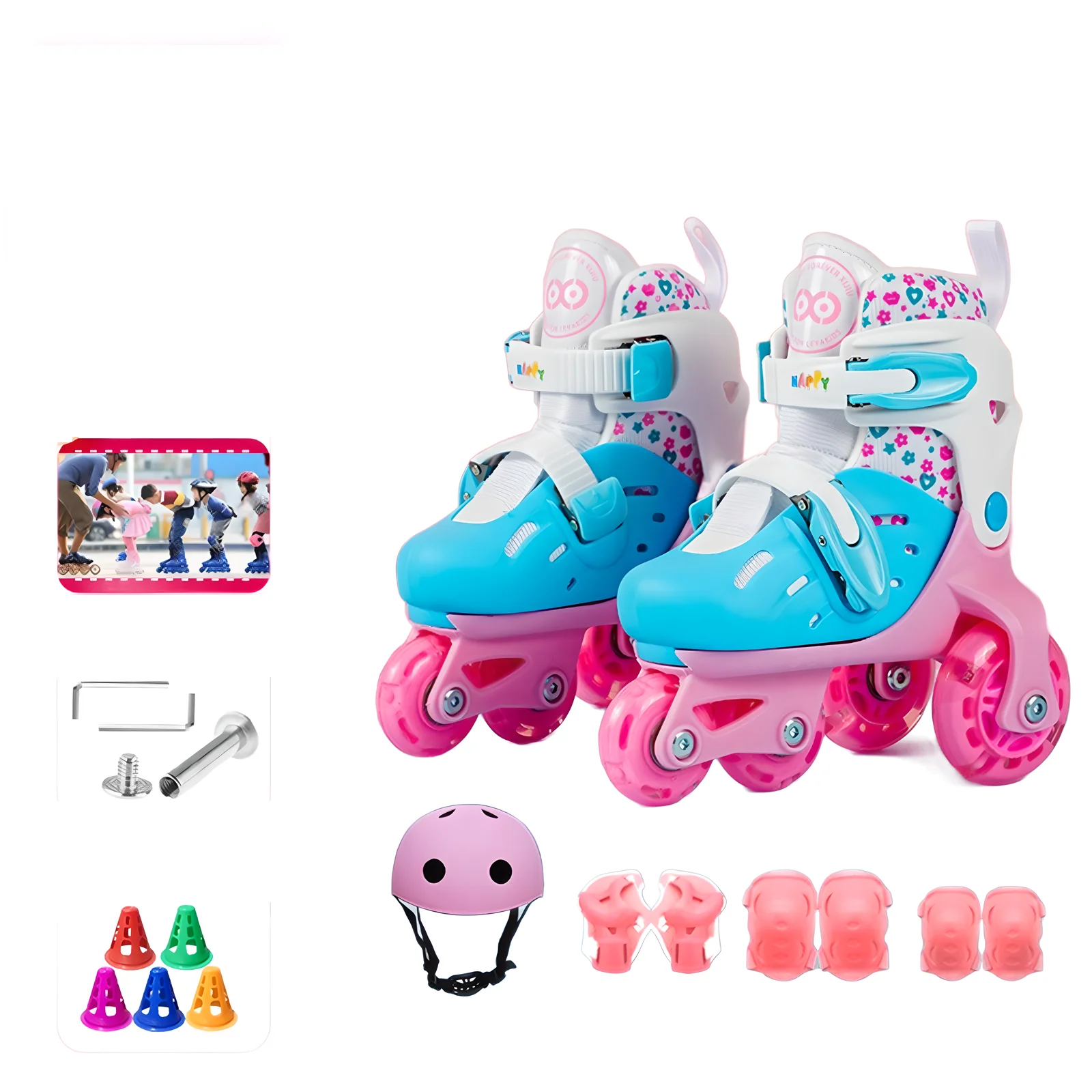 Patins à roulettes en ligne pour enfants, patins intérieurs réglables avec casque, genouillères et coudières, 4 roues coulissantes, sport pour enfants, garçons et filles, maire