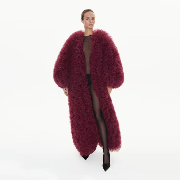 패션 와인 레드 여성 재킷 롱 아브리고 무헤르 과장된 퍼프 튤 러쉬 탑 여성 재킷 소매 러플 블라우스