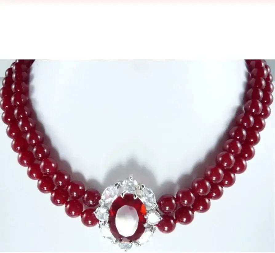 

latest design 2 row 8mm red jade wedding +jade/zircon pendant short necklace for wedding and party