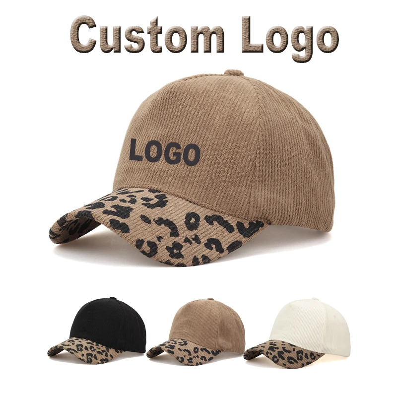 Custom Logo Autumn Winter Corduroy Baseball Cap Women High Crown Vintage Duckbill Cap Leopard Print Spliced Brim Unisex Sun Hat
