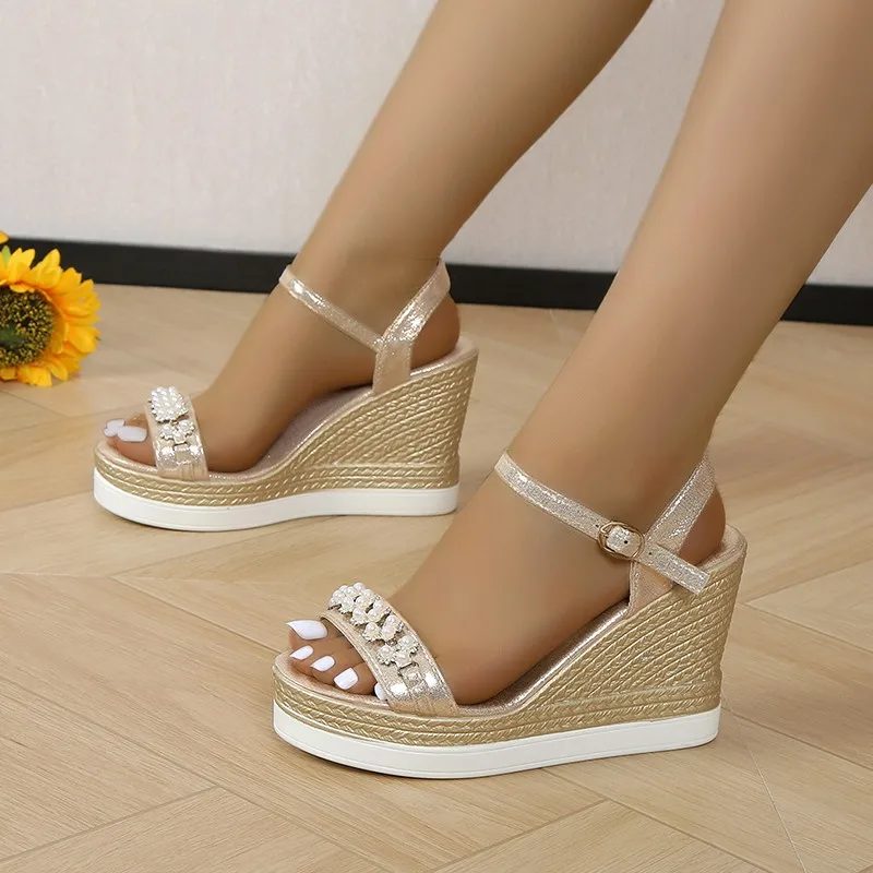 Women Platform Sandals 2024 Summer Pearl Transparent Rhinestones High Heels Buckle Fashoin Ladies Wedge Sandals Beach Shoes