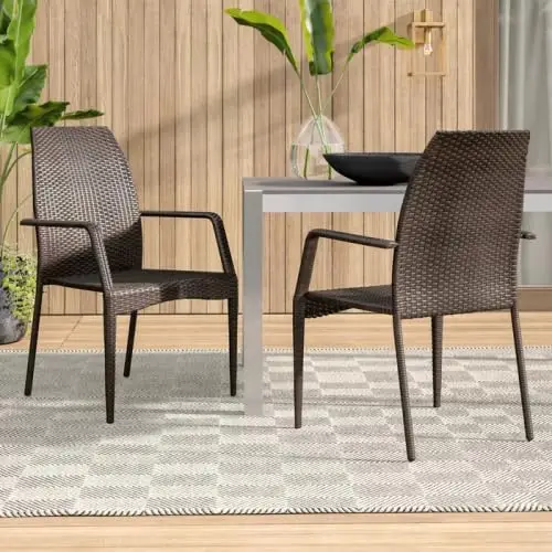 All-Weather Wicker Patio Dining Chair Set Stackable Steel Frame Deep Seat Contoured Backrest Outdoor Garden Yard, Customized