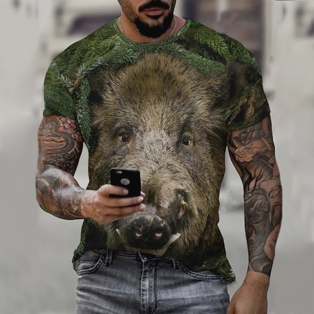 Wild Boar 3D printed T-shirt Men\'s short sleeve o collar Outdoor hunter Animal loose dry Breathable personality clothing