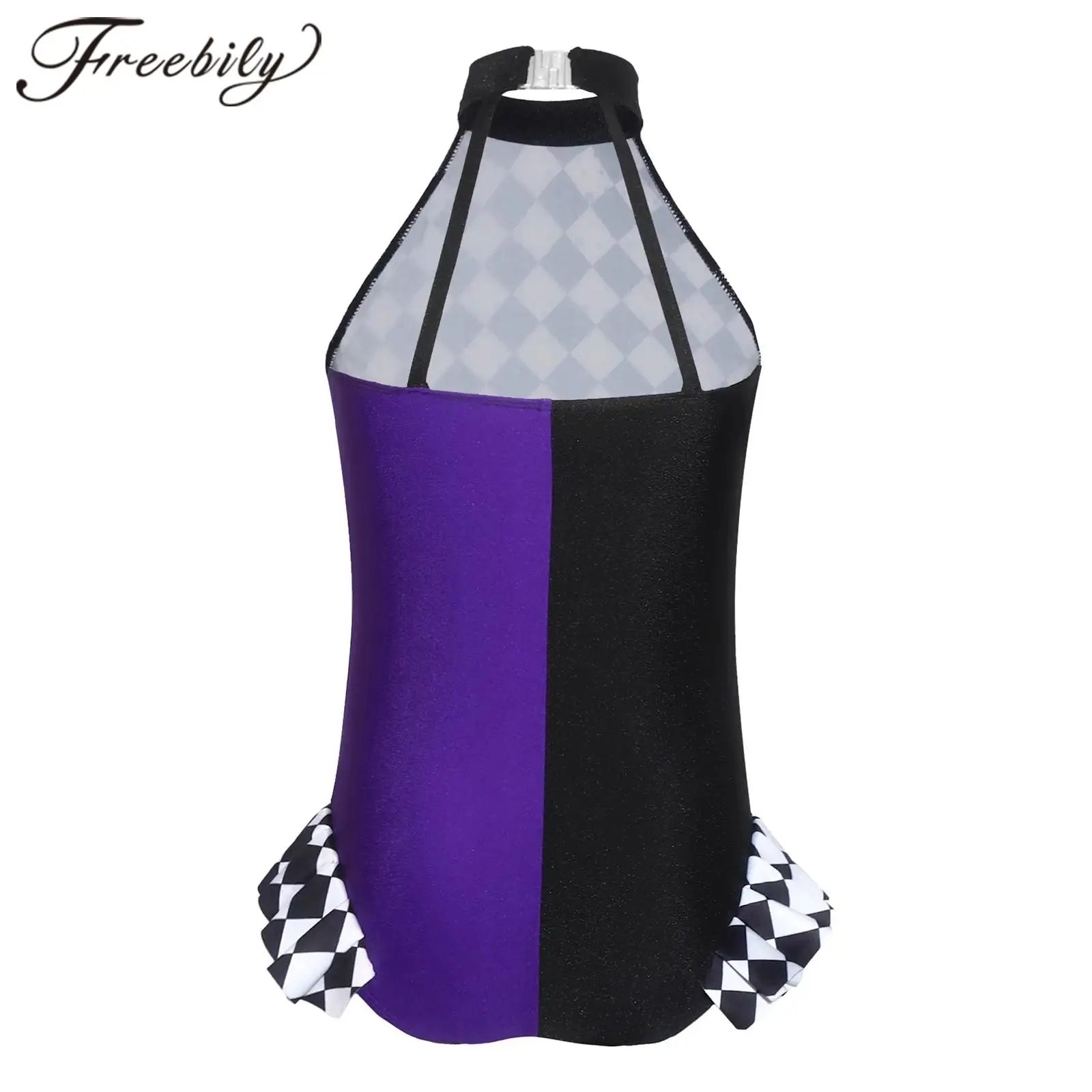 Kids Girls Halter Sleeveless Plaid Bodysuit Gymnastics Jumpsuit Clown Role Play Costumes Jumpsuit Carnival Outfit Dancewear