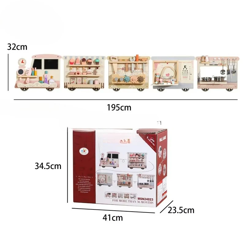

5 in 1 Wall Game Train Set Unisex Wood Toy Doctor Pretend Play House Cooking Set Wooden Educational Toy