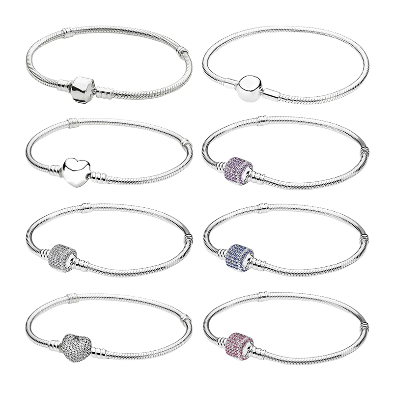 

Silver 925 Original Wrist Charm Bracelets For Women Fine Jewelry Snake Chain LOGO Ball Heart Barrel Clasp Crystals Zircon Stones