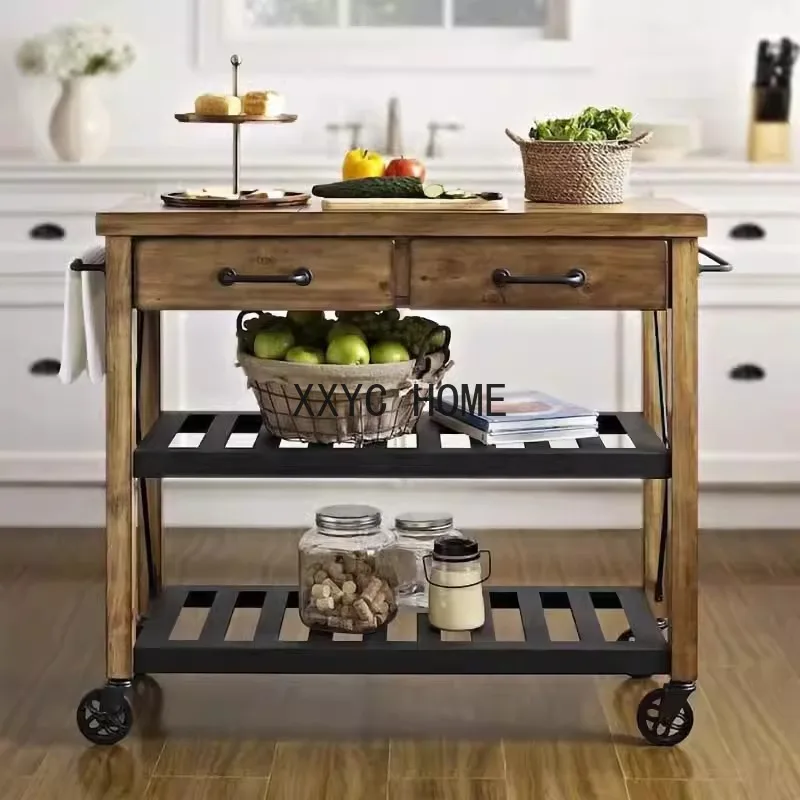 Solid Wood Movable Middle Island Table Dining Car Iron Sideboard Cabinet Storage Kitchen Console Kitchen Counter with Wheels