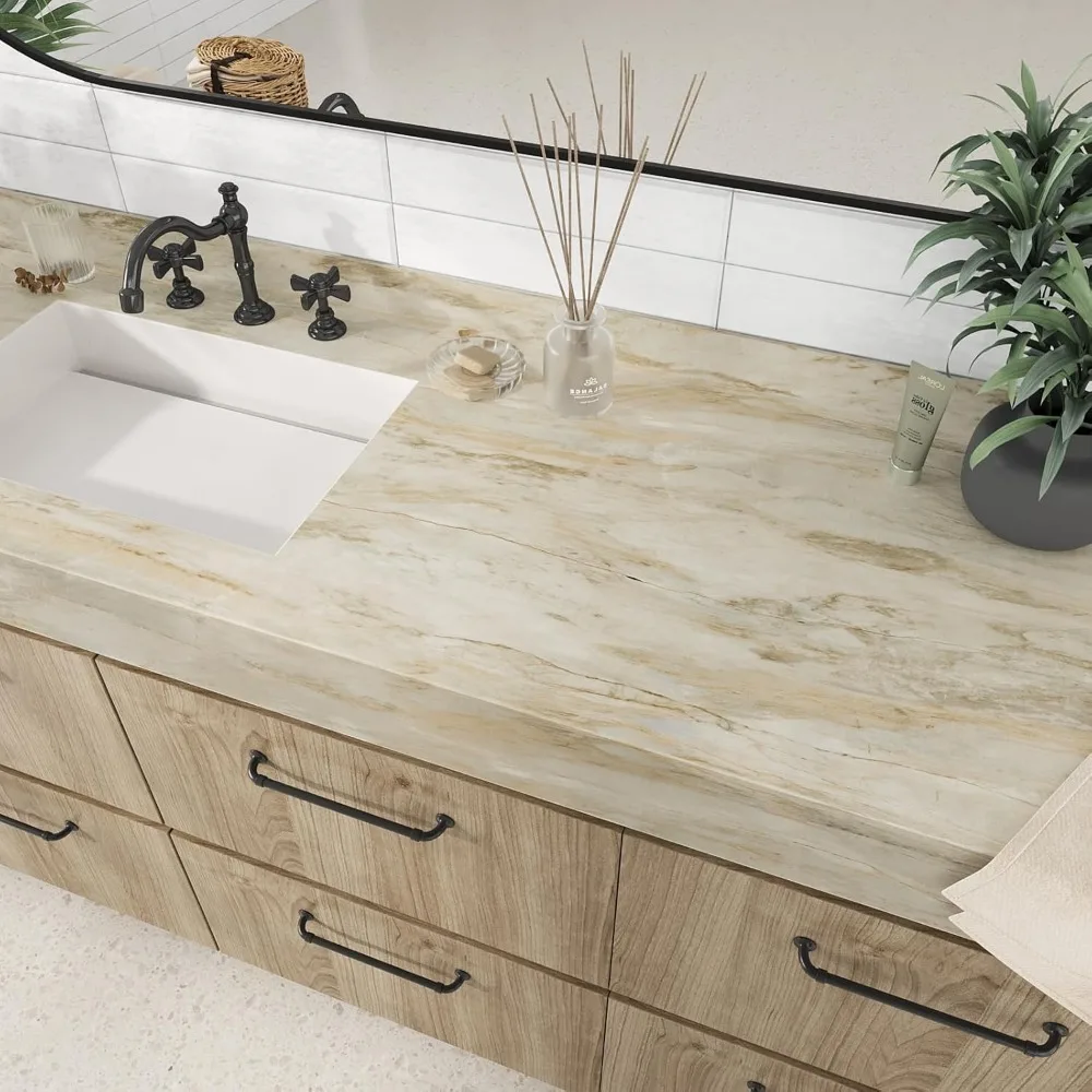 غطاء كونترتوب ذاتي اللصق مقاوم للماء بنمط رخامي بيج كبير مقاس 32 × 354 بوصة واقي سطح سميك