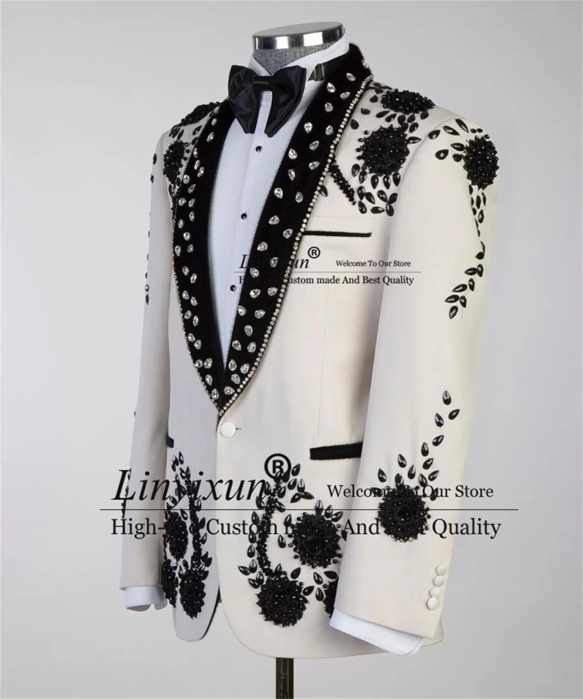 Luxury Beaded Crystal Men Suits 2 Pieces Sets Wedding Groomroom Tuxedos Slim Fit Male Blazers Customized Costume Homme Marrage