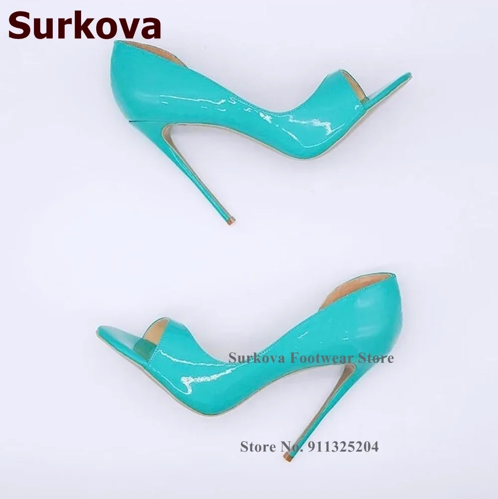 Surkova Patent Leather Stiletto Heels Open Toe Shallow Pumps Women Slip-on 12cm 10cm 8cm Gladiator Sandals Nice Dress Shoes