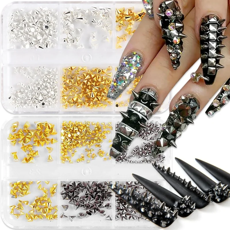 Rebites de unha punk com 6 grades, pontas de metal, ouro/prata/preto, cone redondo, amuletos para arte em unhas, tamanho misto, peças de decoração diy