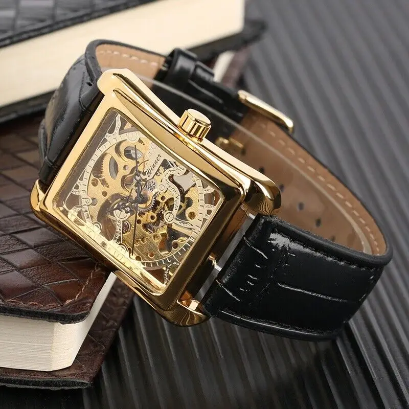 Luxury Brand VintageSkeleton Hand Wind Mens Mechanical Wrist Watches Square Case Wristwatch Analog Nice Gift