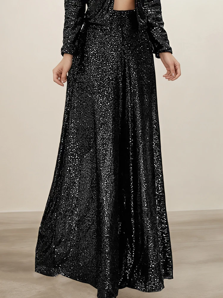Elegant Golden Thread Women's Wide Leg Pants High Waisted Sparkle Trousers Glamorous Party Clubwear Shiny Evening Fashion Bottom