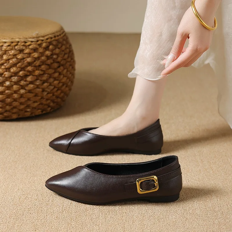 Women Flats 2026 New Retro Fashion Solid Shallow Shoes Metal Decor Pointed Toe Loafers Comfort Soft Soled Casual Female Sneakers