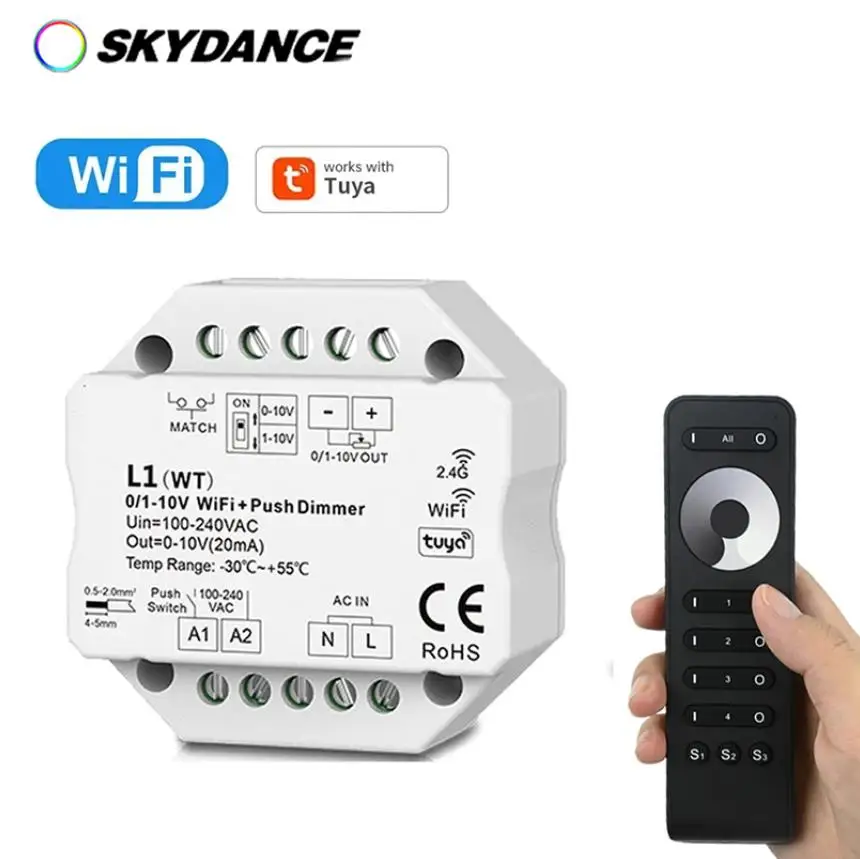 

WiFi +2.4G Dimmer 1CH Tuya APP/Voice control/RF dimming/Push Dim/0-10V dimmable driver DIP Switch For Single Color LED Strip