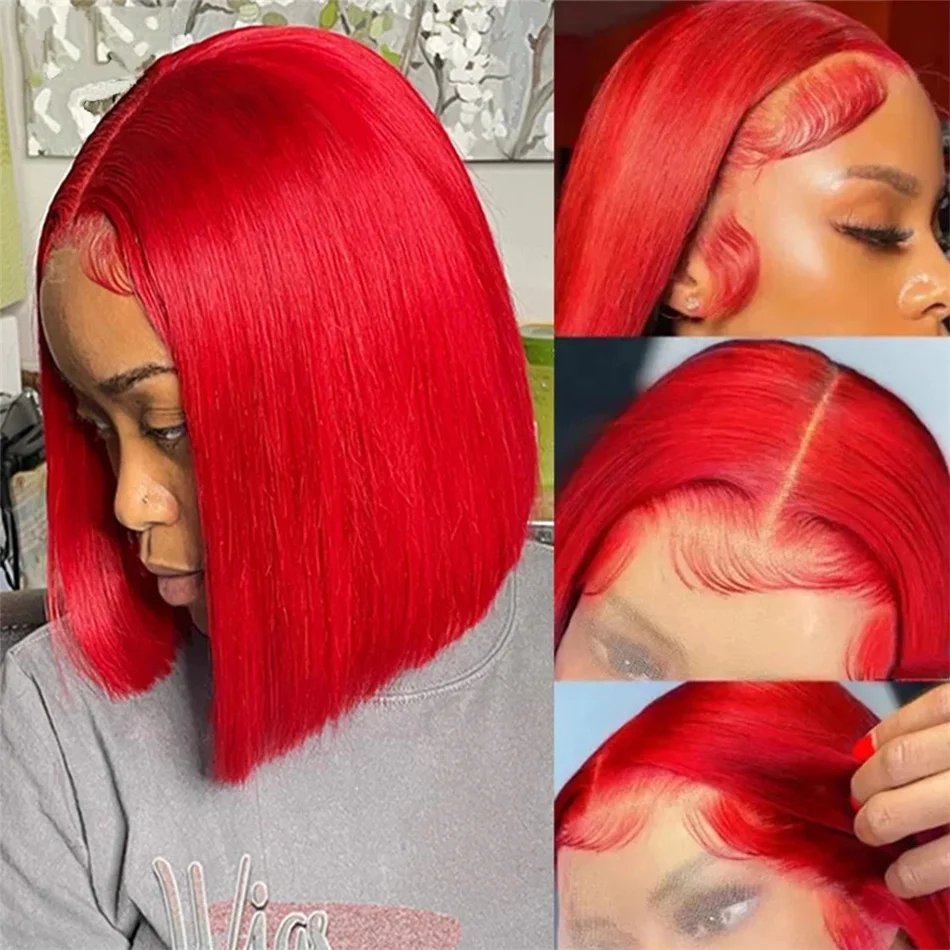 Hot Red Colored Transparent Short Bob Human Hair Wigs Peruvian Red Straight 13x4 Lace Front Wig For Women PrePlucked Wigs Sale