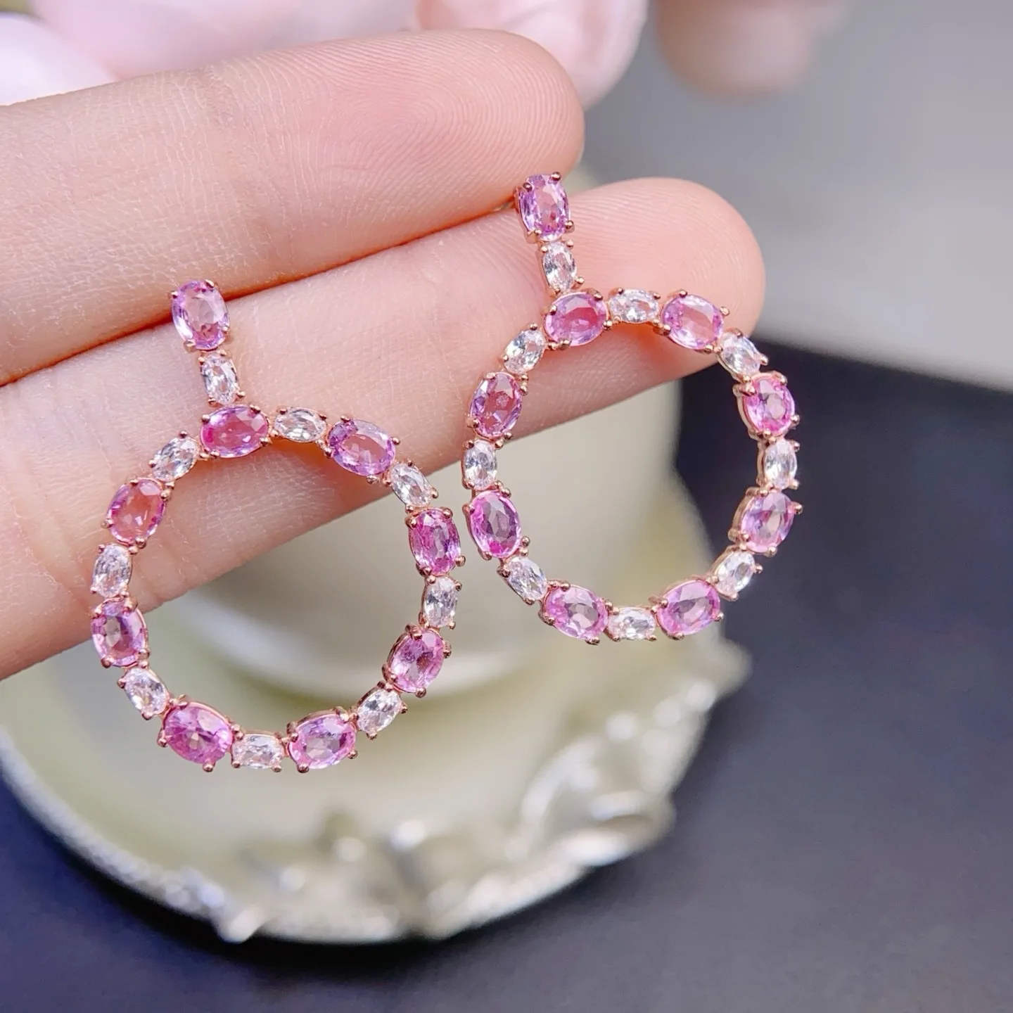 

Natural Pink Sapphire Earrings, 925 Silver Setting Colorful Sapphire 3x4mm, Elegant Gemstone Jewelry Gift for Women