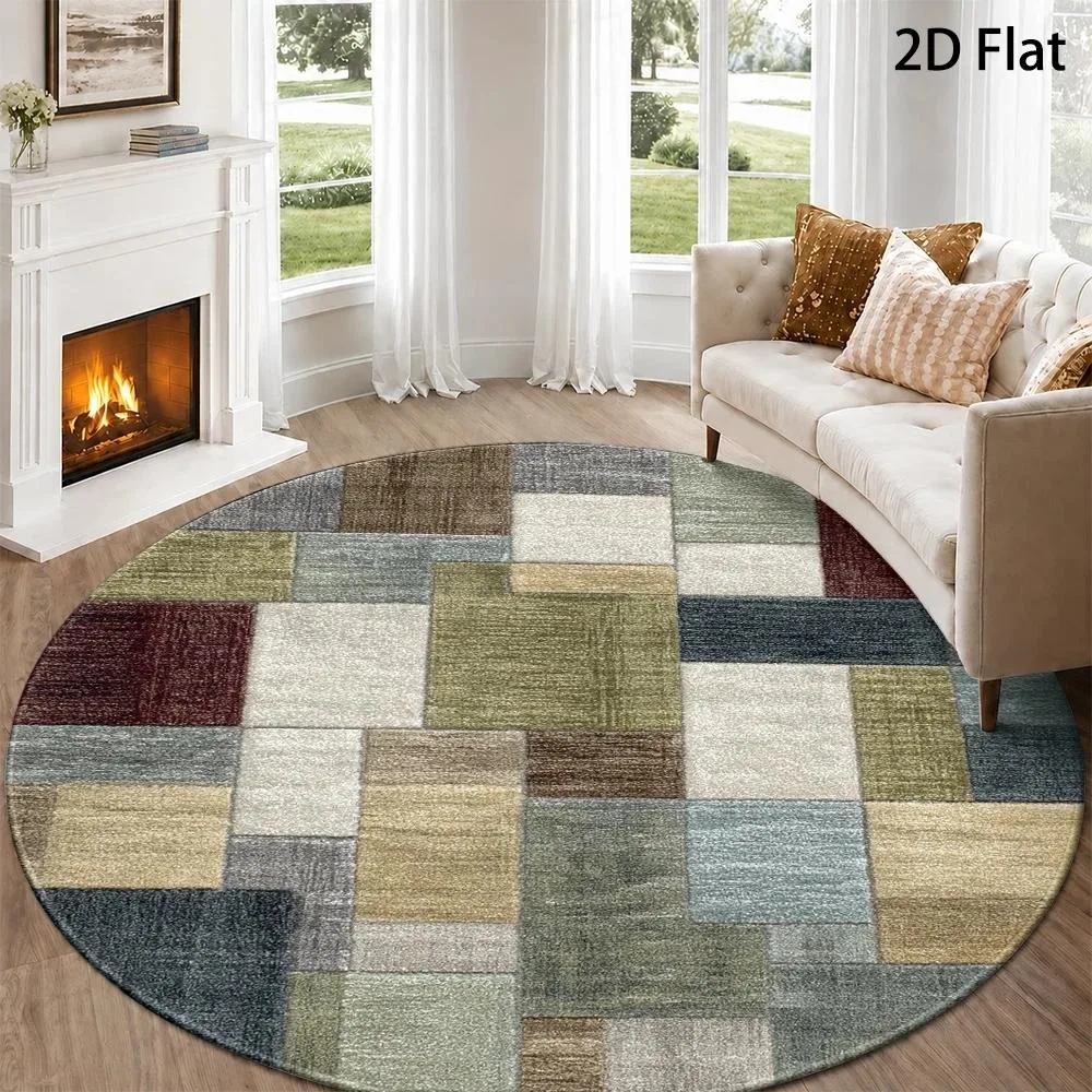 Vintage Distressed Patchwork Round Rug Green Beige Block Texture Print Soft Circular Mat Indoor Outdoor Retro Home Decor Carpet