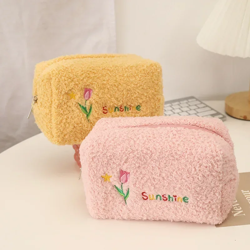 Cute Embroidered Flowers Cosmetic Bag Pencil Case Soft Plush Makeup Bag Cosmetic Storage Bag for Lipstick Jewelry Pouch