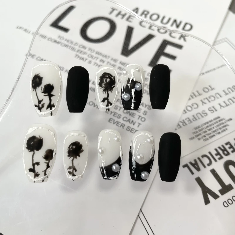 European and American Ins Black Rose Baroque Plaster Hand Painted Finished Nail Beauty Handmade Custom Wear Nail Stickers