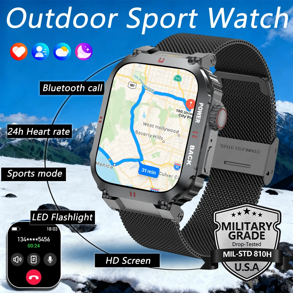 

110 + спортивный режим, мужские спортивные умные часы на открытом воздухе, фонарик, Bluetooth-вызов, водонепроницаемые умные часы для фитнеса для Android IOS, новинка 2023 года