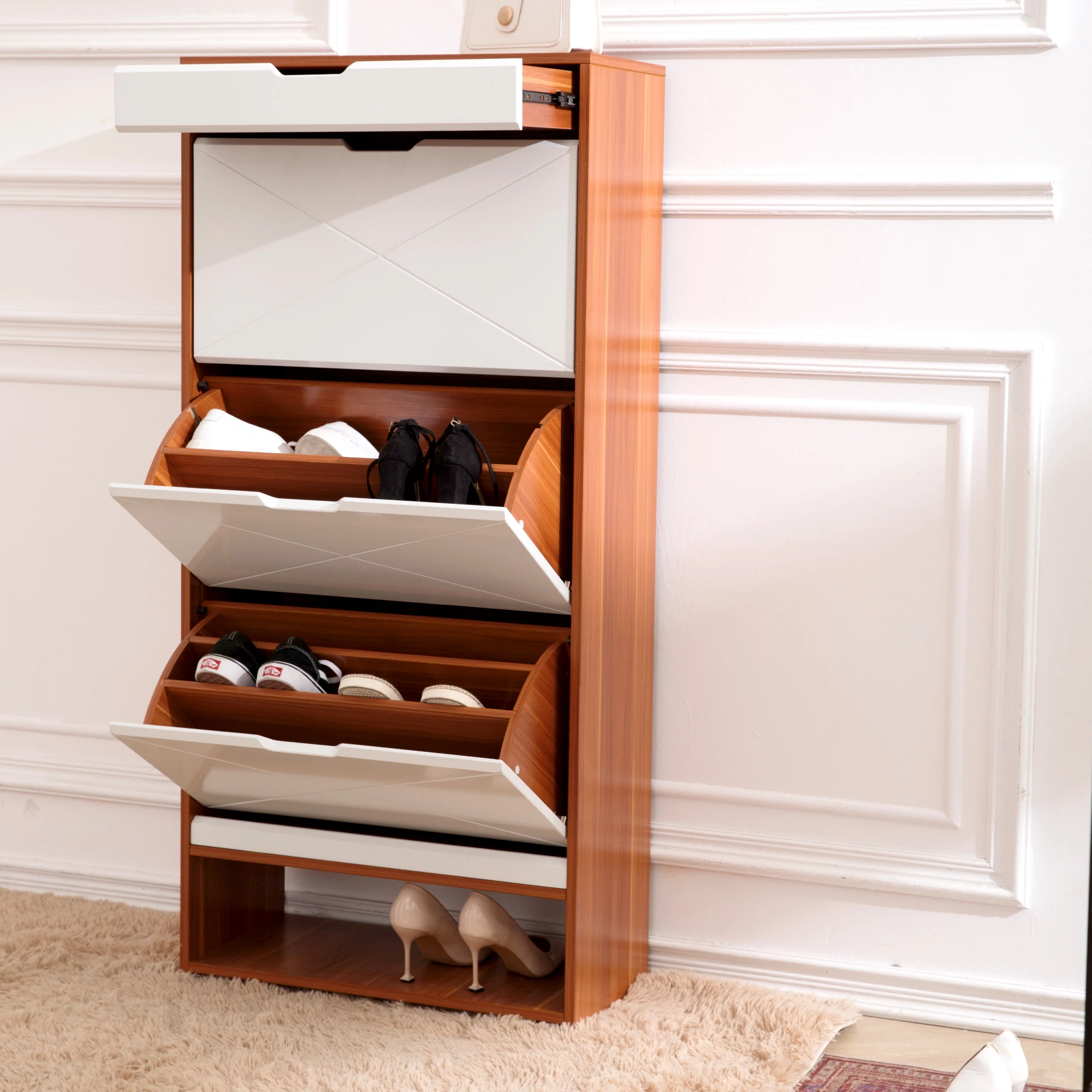 Traditional Large-Capacity Wooden Shoe Storage Rack Brown Matching Shoe Cabinet for Entryway 24.8x11.8x53.9Inch[US-W]